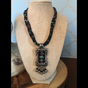 Chico’s Indian Bohemian Vibe Black and Multi Color Seed Bead w/Great Pendant